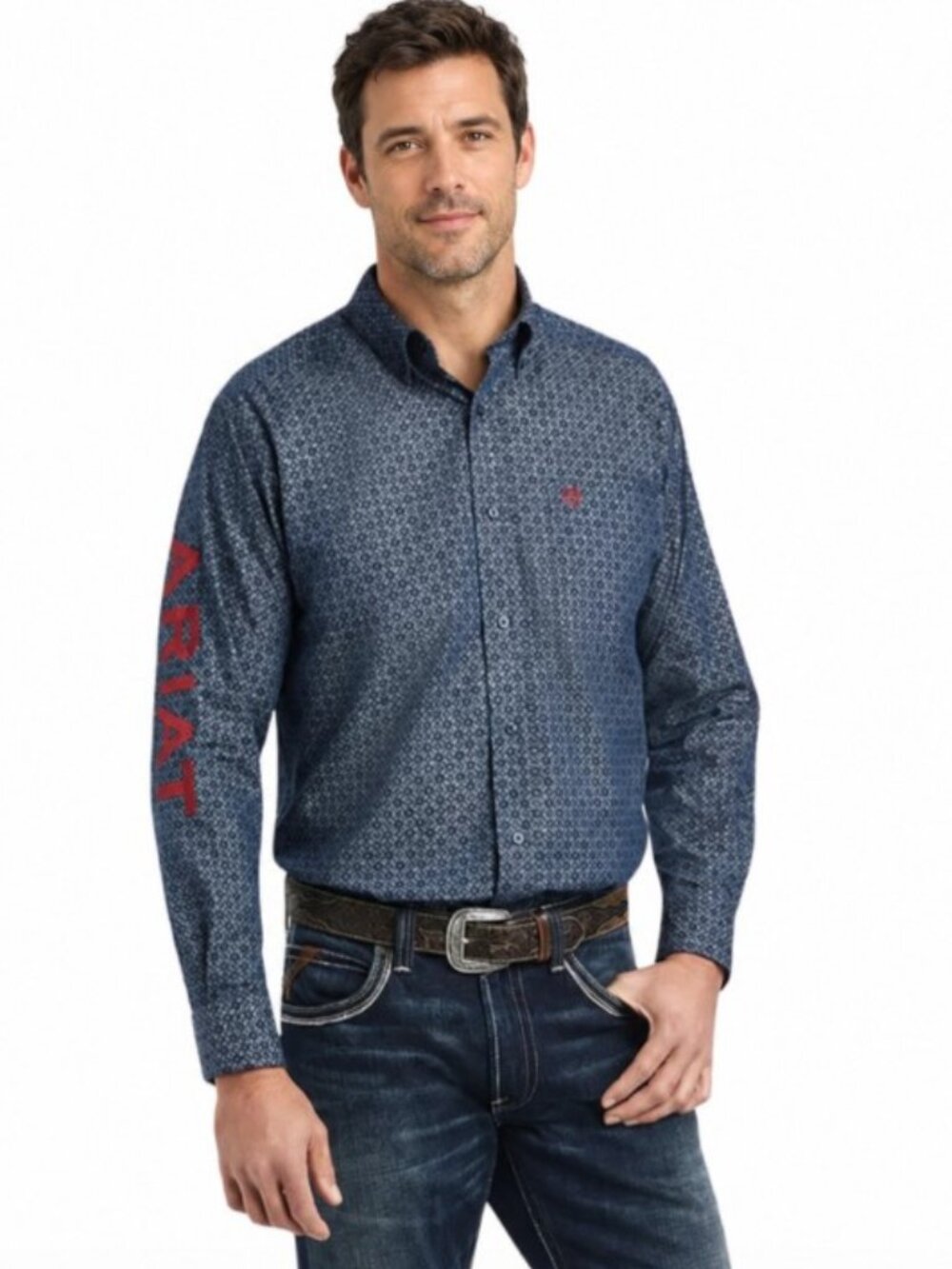 NWT, Ariat Men's Team Logo Cassius Button Up Blue Chambray Shirt, Large